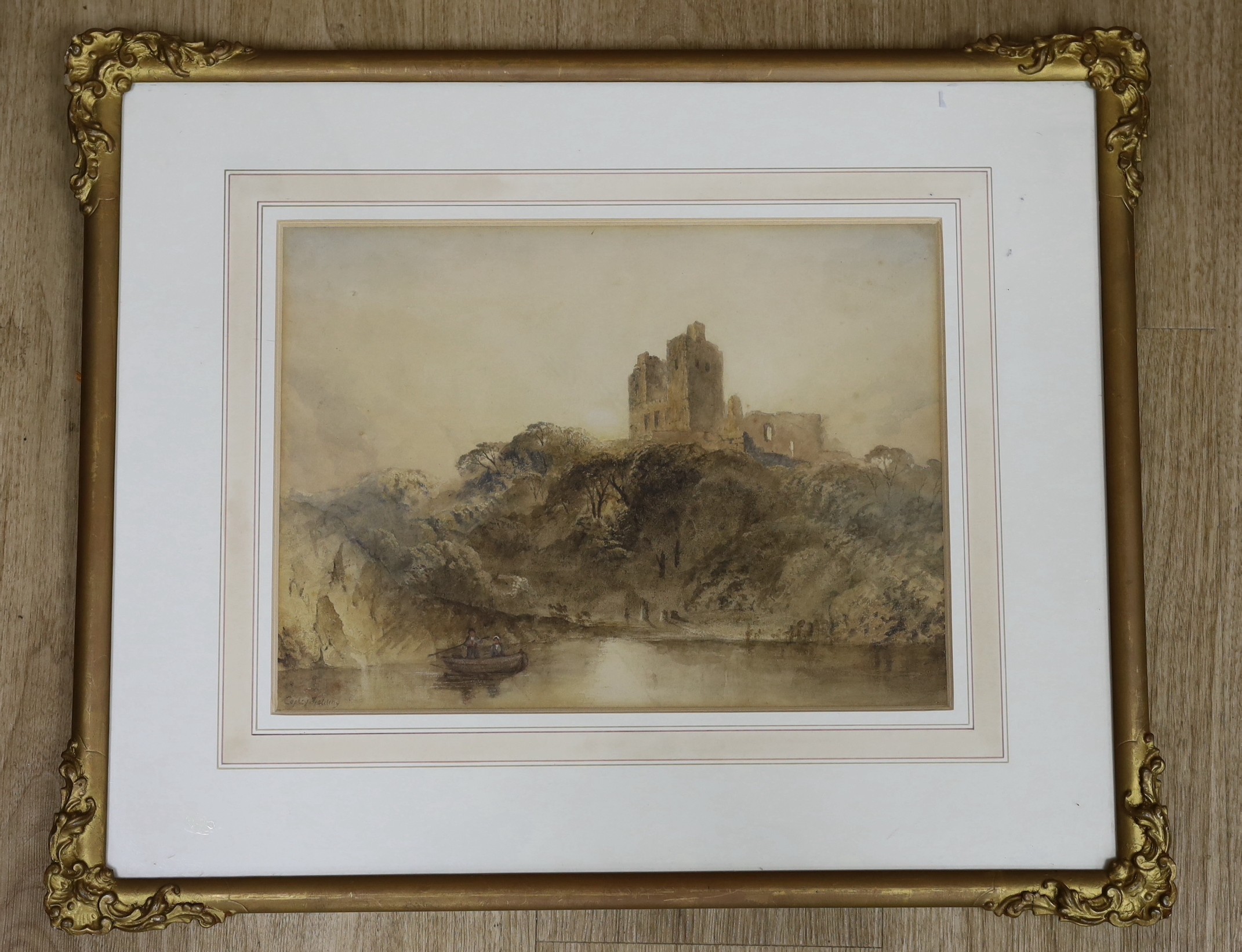 Anthony Vandyke Copley-Fielding (1787-1855), watercolour, Boatman with castle ruins beyond, signed, 26 x 35cm